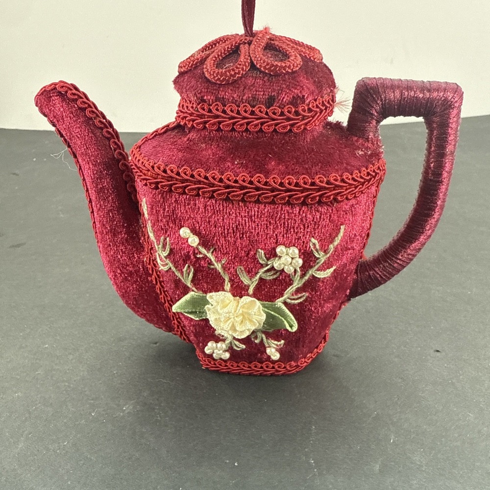 Red Rose Velvet Lace Teapot Christmas Ornament Embroidery Ornament Floral - Picture 5 of 9